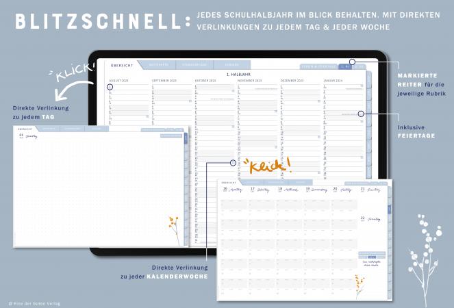 Schulhalbjahre in der Übersicht mit Verlinkung zu den Kalenderwochen, Jahresübersicht Lehrerplaner für Schuljahr 2023 2024, Terminkalender zum Download